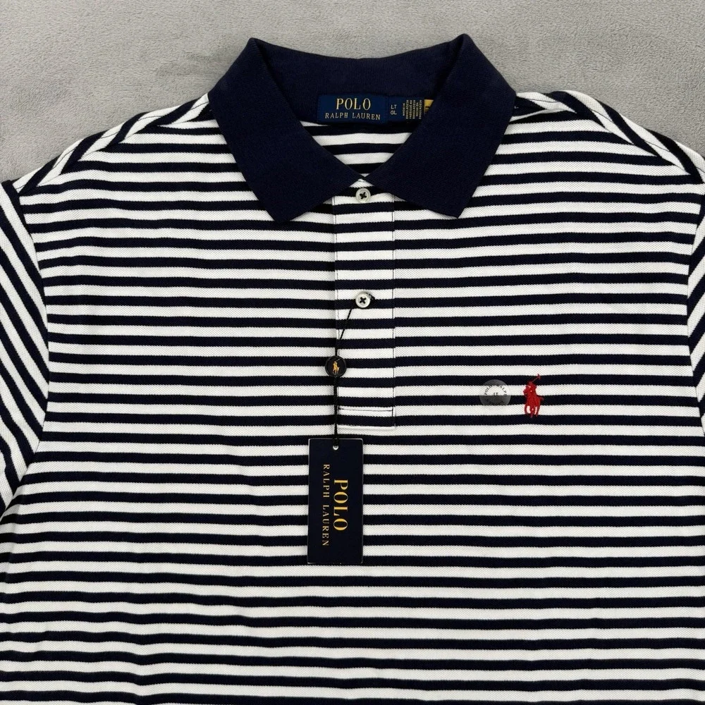 Polo Ralph Lauren Polo Shirt  Mens Size LT Classic Fit White Navy Striped Mesh